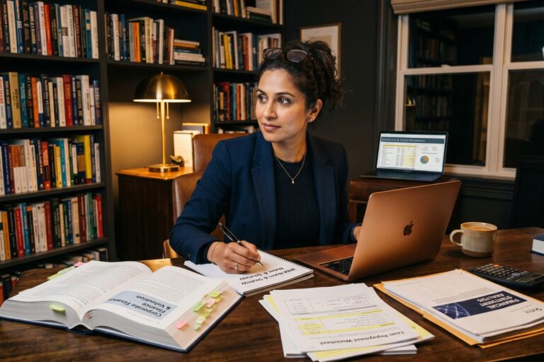 Mid-career professional reviewing MBA student loan debt repayment options at a desk