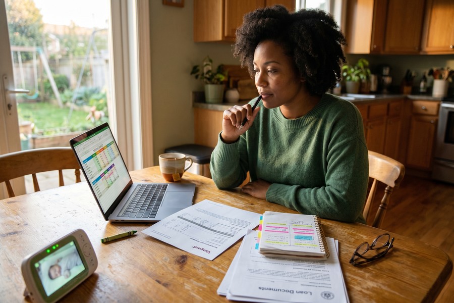 Mid-career professional reviewing MBA loan repayment dashboard on laptop at home office desk