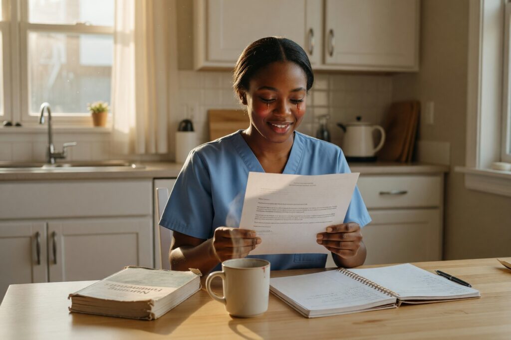 Nurse smiling while reviewing documents after paying off student loans fast