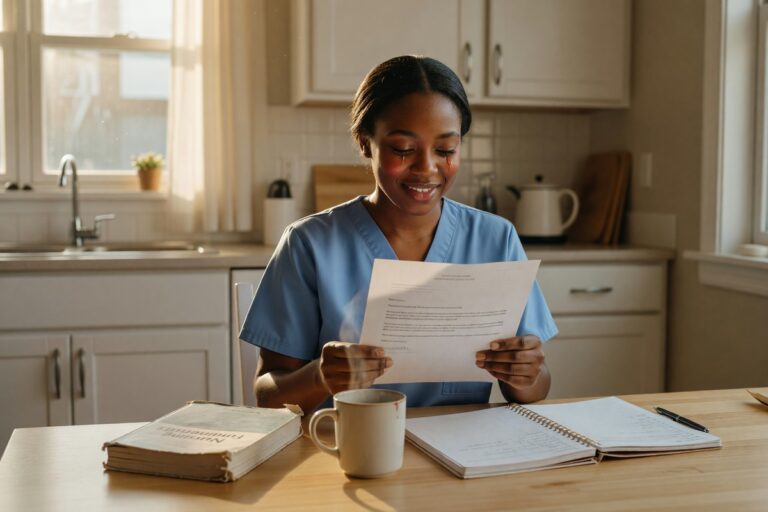 Nurse smiling while reviewing documents after paying off student loans fast