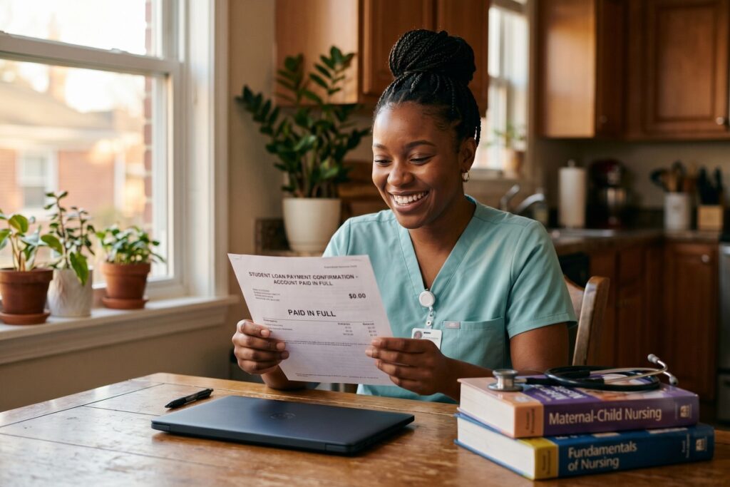 A young female nursing student in scrubs reviewing loan documents at a desk with a calculator and laptop