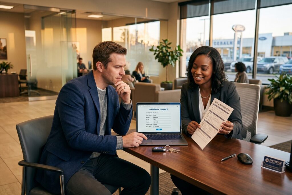 Person comparing online auto loan lenders versus traditional bank loan options on a laptop