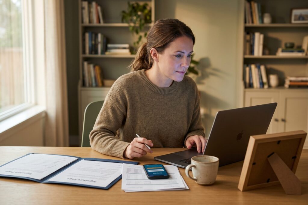 A person reviewing online loan options on a laptop after a recent divorce