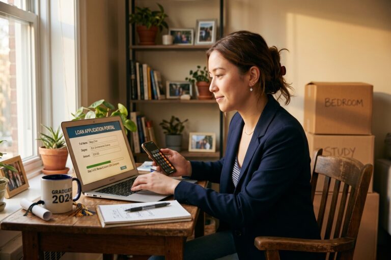 College graduate reviewing online lending options on a laptop to manage finances during salary gap year