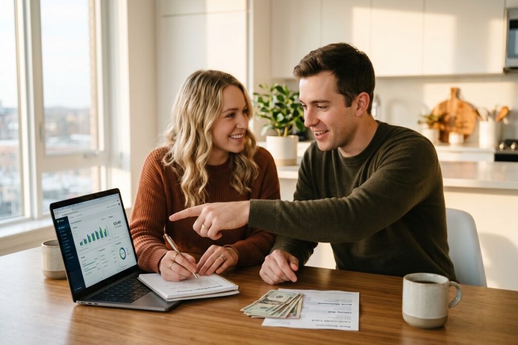 Newlywed couple reviewing online lending debt consolidation options on a laptop