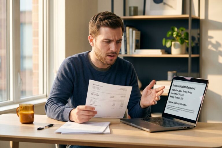 Borrower reviewing online loan approval notice showing a lower funded amount than originally requested
