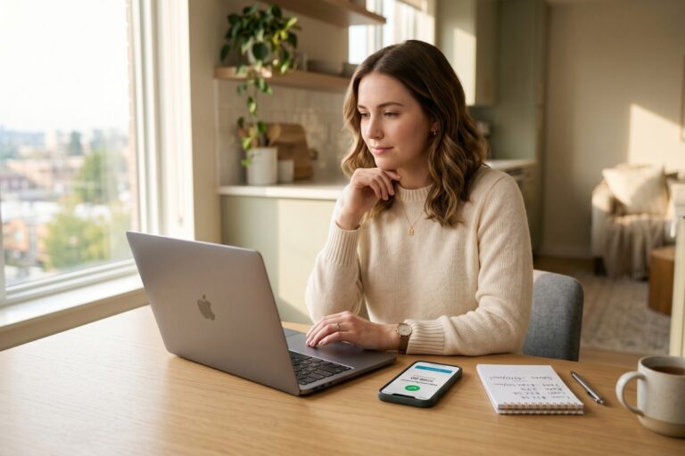 Person reviewing online loan autopay discount options on a laptop with savings calculator nearby