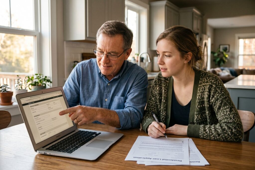 Two people reviewing an online loan application together at a laptop, one agreeing to act as a co-signer