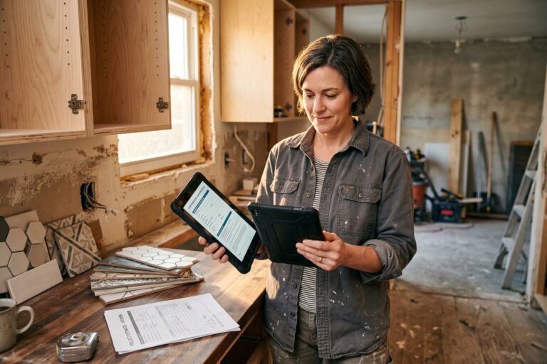Homeowner reviewing online loan home repair options on a laptop at a renovation site