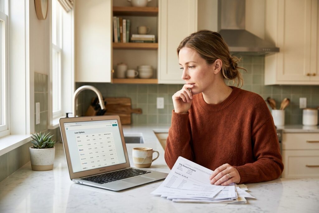 Person reviewing a hospital bill at a desk with a laptop open to an online lender application