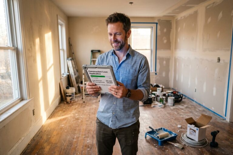 Landlord reviewing renovation plans and loan documents at a kitchen table in a rental property