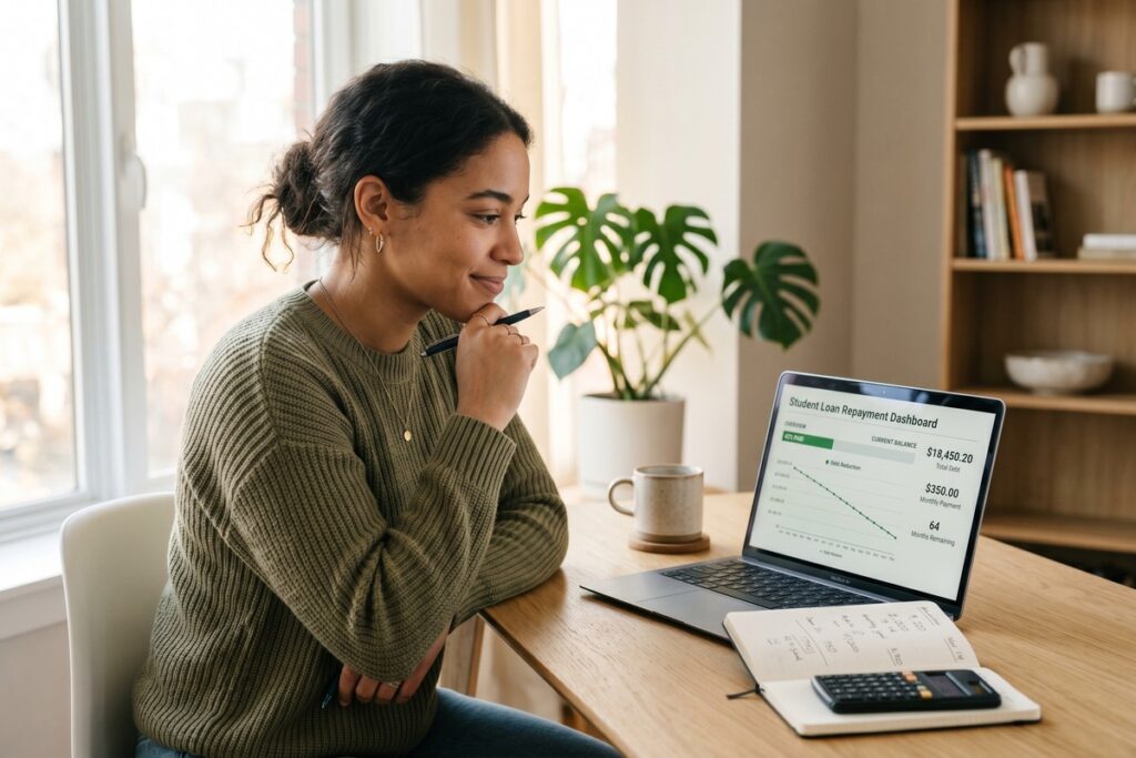 Person reviewing online loan repayment strategies on a laptop to reduce total interest costs