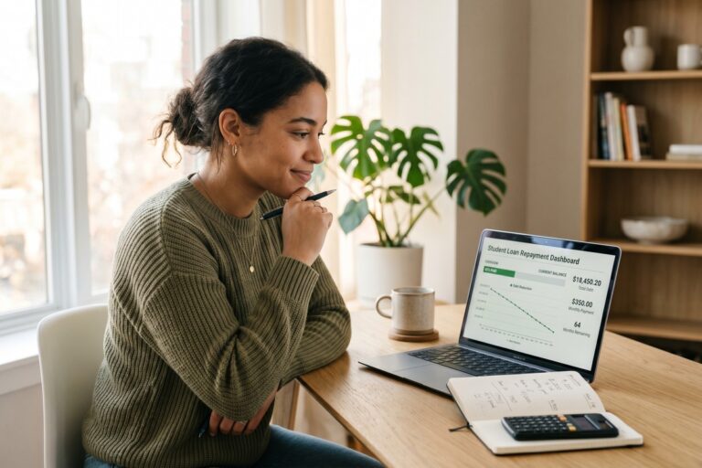 Person reviewing online loan repayment strategies on a laptop to reduce total interest costs