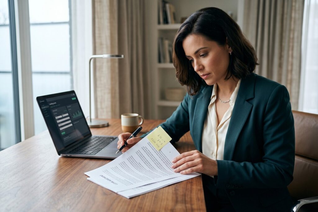 Borrower reviewing an online loan agreement on a laptop, highlighting fee and penalty clauses before signing