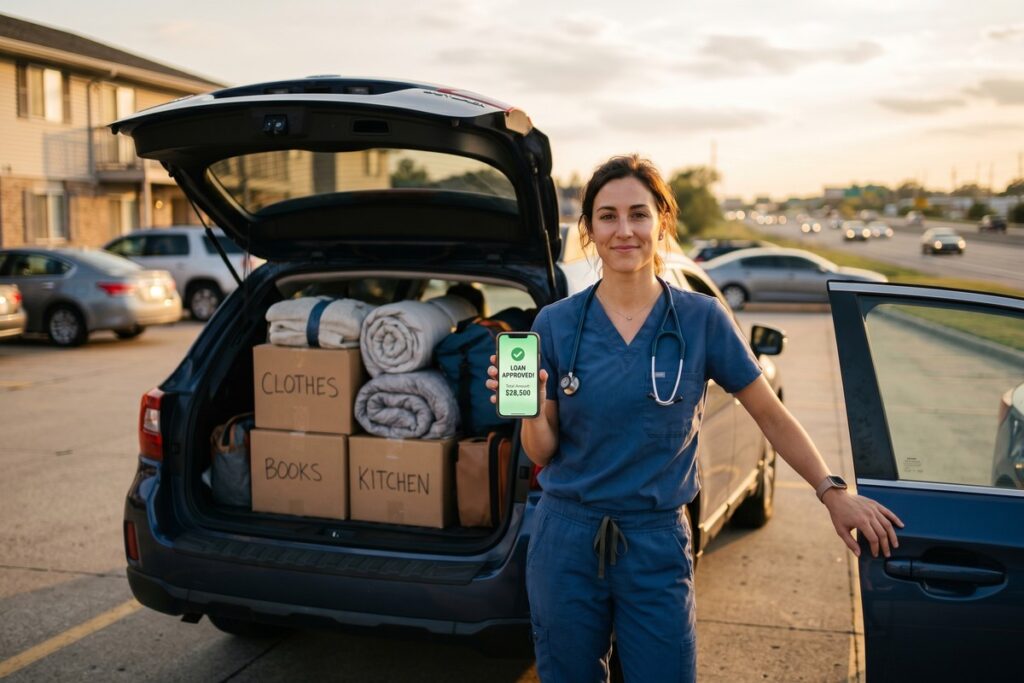 Travel nurse reviewing online loan options on laptop while packing boxes for a cross-country move