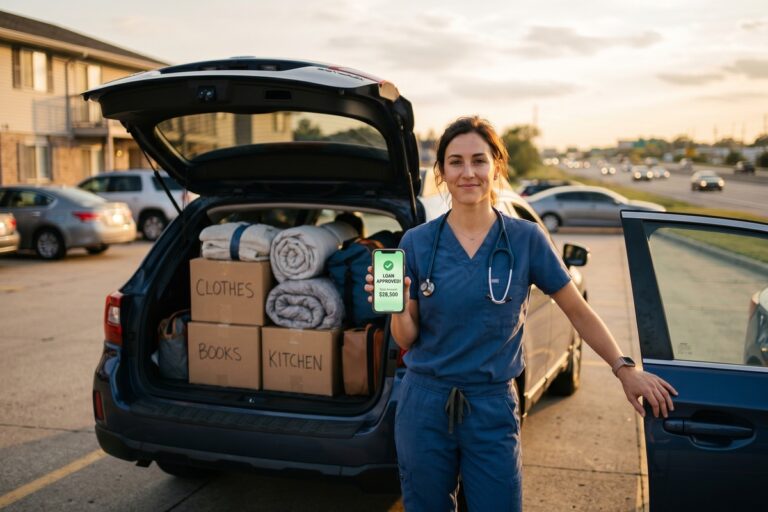 Travel nurse reviewing online loan options on laptop while packing boxes for a cross-country move