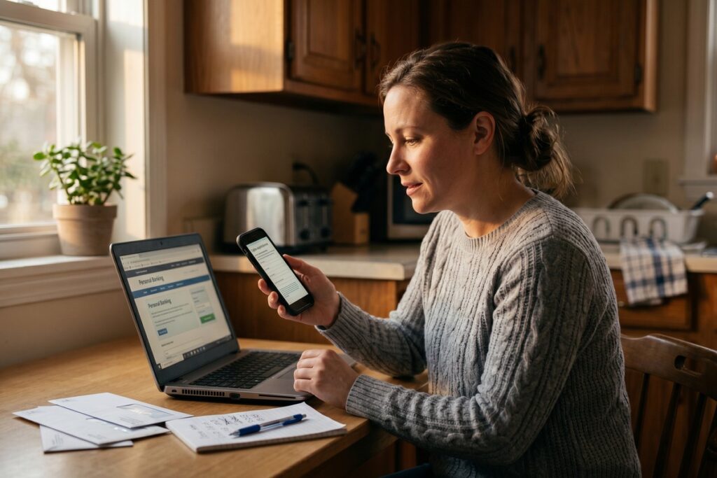 Person reviewing online loan options on laptop with low credit score displayed on screen