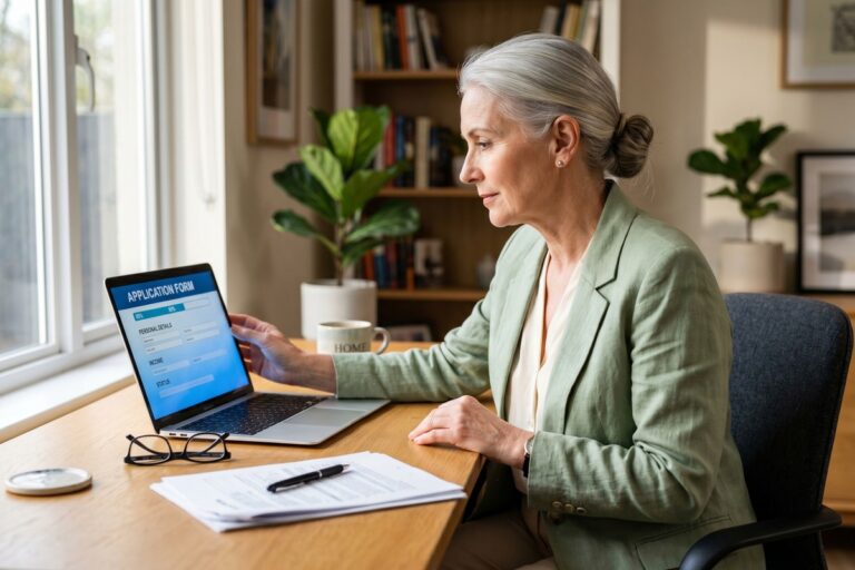 A person in their sixties reviewing loan documents at a desk with a laptop open to an online lending application