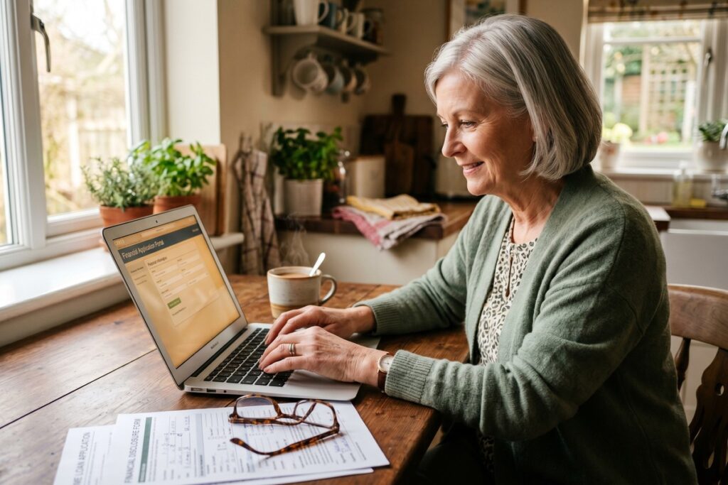 Retired couple reviewing online personal loan options on a laptop at home