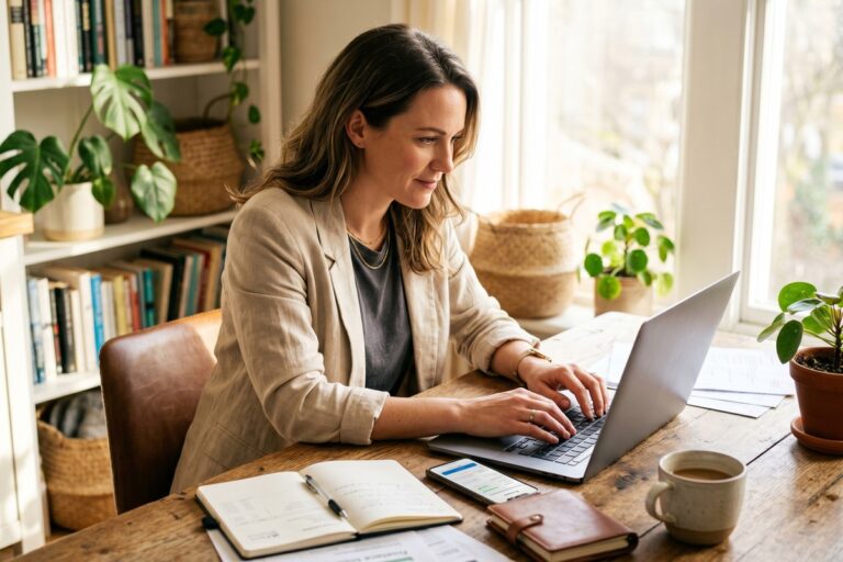 Self-employed borrower reviewing online loan options on a laptop at a home office desk