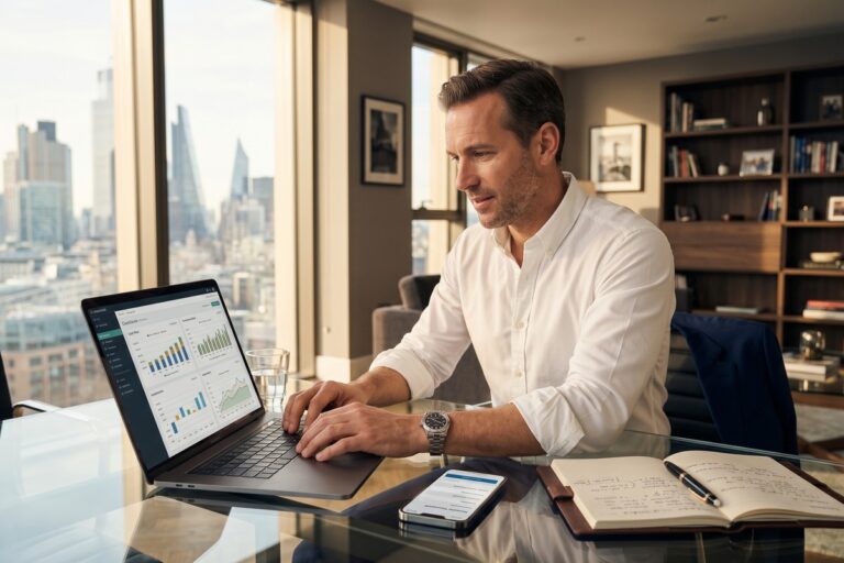 High-income earner reviewing online loan options on laptop to optimize personal cash flow