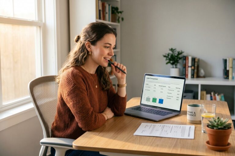 Person comparing online loan offers with no origination fee on a laptop