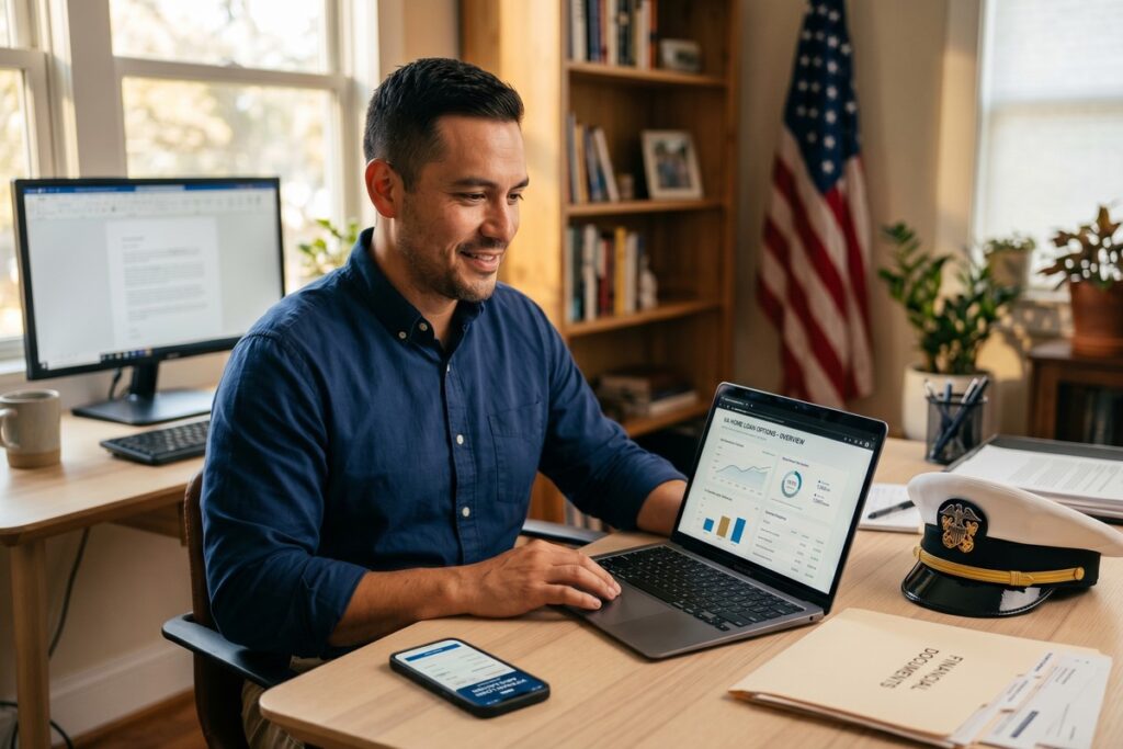 Veteran reviewing online loan options on a laptop using VA benefits