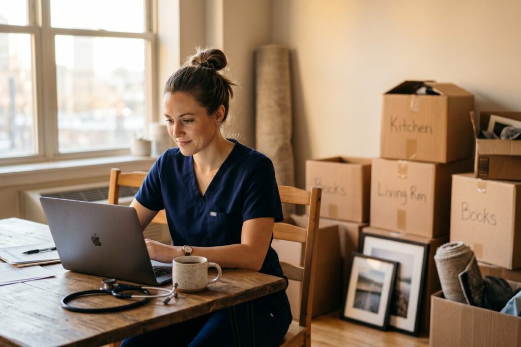 Nurse practitioner reviewing online personal loan options to cover relocation moving expenses