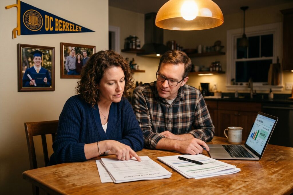 Parent and student reviewing parent PLUS loans comparison chart at a desk