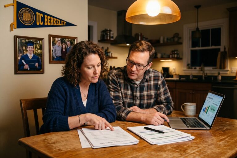 Parent and student reviewing parent PLUS loans comparison chart at a desk