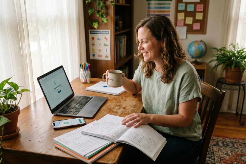 A part-time teacher reviewing loan options on a laptop at a kitchen table during summer break