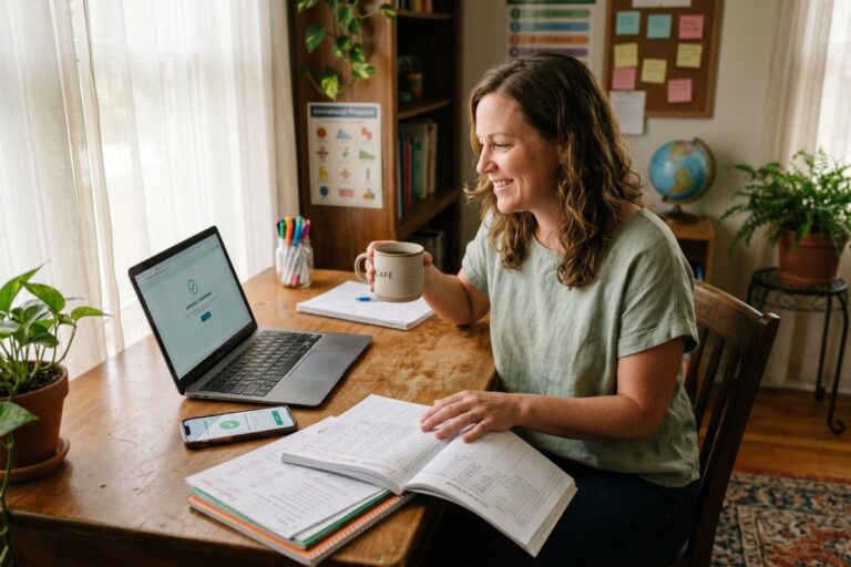 A part-time teacher reviewing loan options on a laptop at a kitchen table during summer break