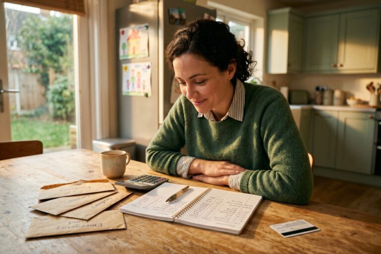 Single mom reviewing budget and debt payoff plan at kitchen table with laptop and financial documents