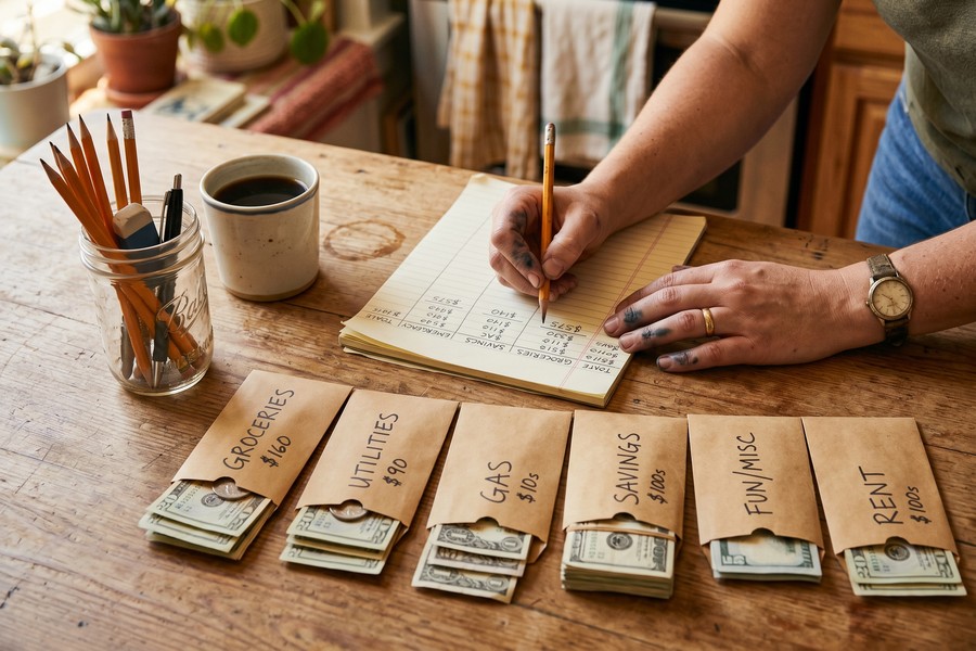 Single mother reviewing monthly budget spreadsheet at kitchen table with bills