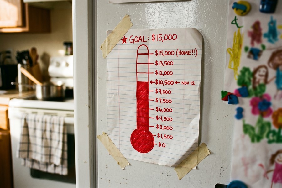 Debt thermometer tracking chart on refrigerator showing progress toward zero balance