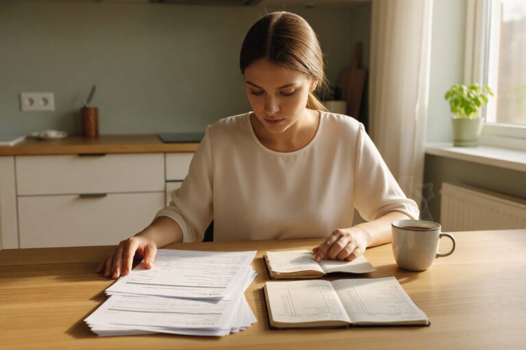 Person at desk weighing options between paying off debt and building an emergency fund