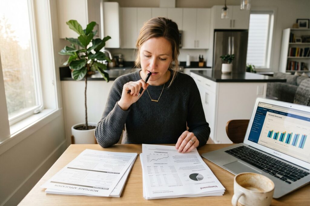 Person reviewing financial documents deciding whether to pay off debt or invest first