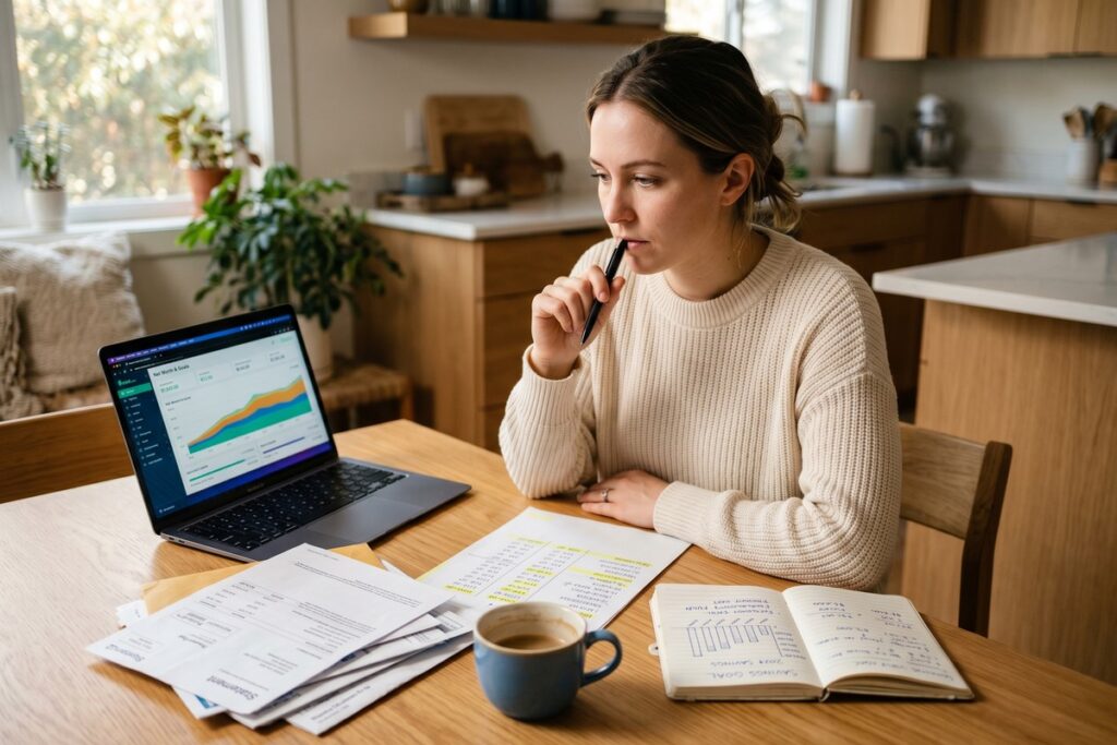 Person at a desk weighing a stack of bills against a savings jar, deciding whether to pay off debt or save money first