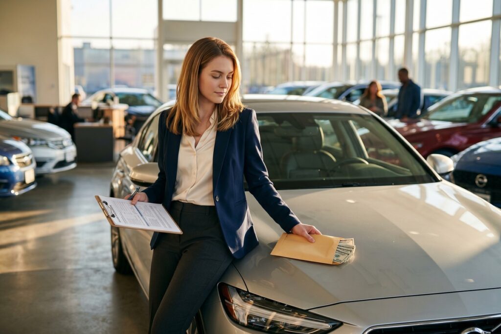 Person at a car dealership weighing a cash payment against an auto loan agreement on a clipboard