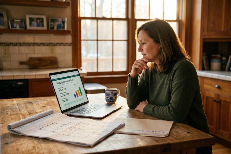 Side-by-side comparison of a personal loan application and a home equity loan document on a desk with a calculator and house keys