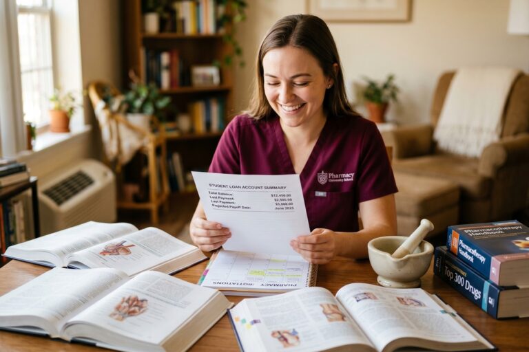 Pharmacy student in white coat reviewing student loan documents at a desk