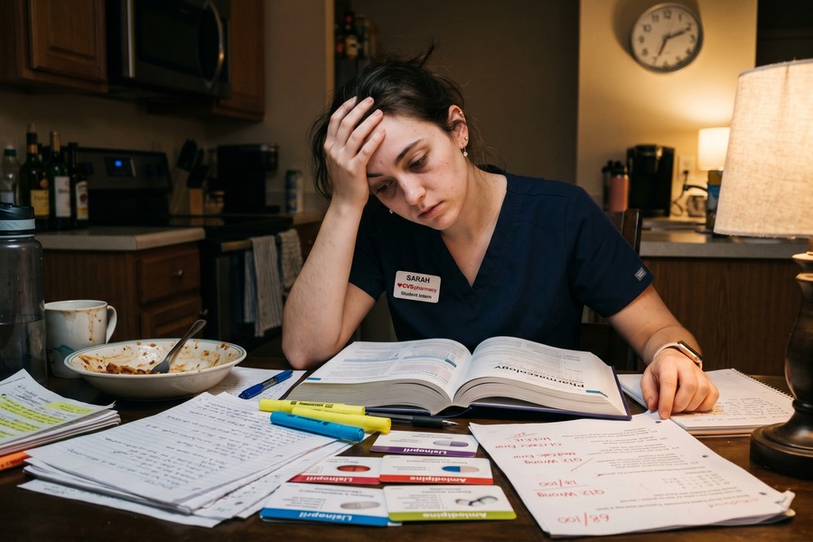 Pharmacy student reviewing financial documents and scholarship applications at a desk