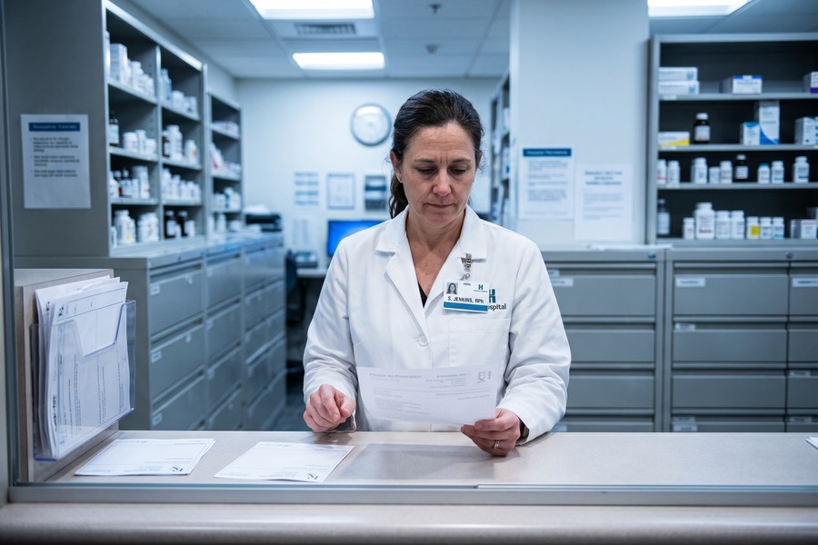 Pharmacist reviewing loan forgiveness program documents in a hospital setting