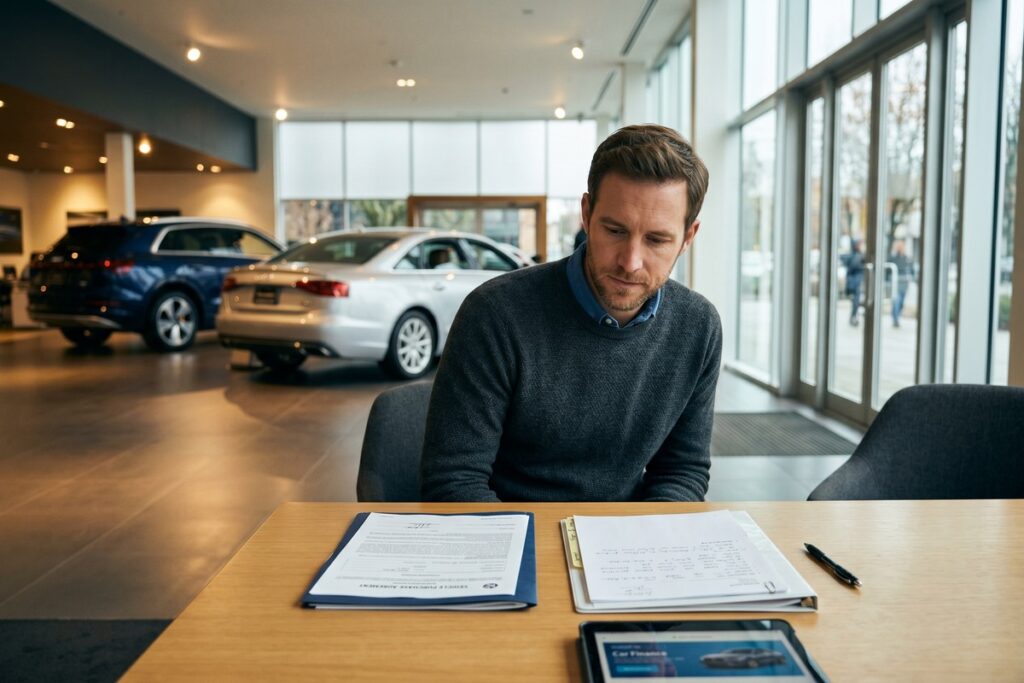 Person reviewing a preapproval letter for an auto loan at a car dealership