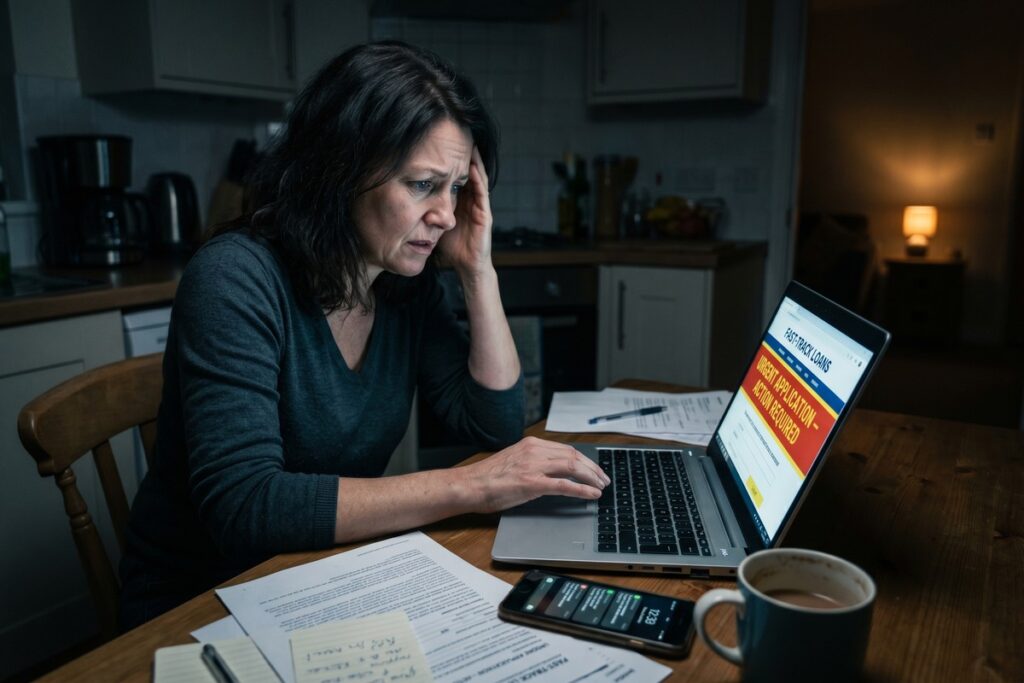 Person reviewing online loan documents with red warning signs highlighted on a laptop screen