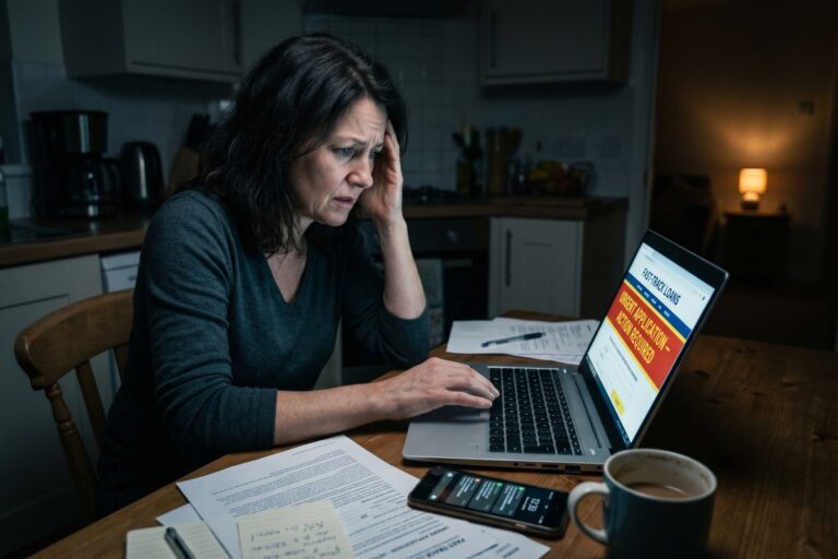 Person reviewing online loan documents with red warning signs highlighted on a laptop screen