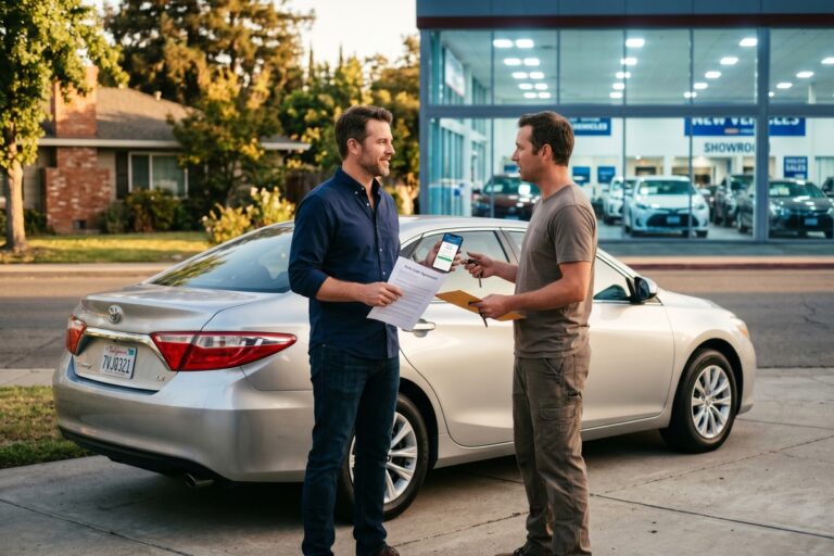 Person comparing private party auto loan documents with dealership financing paperwork at a desk