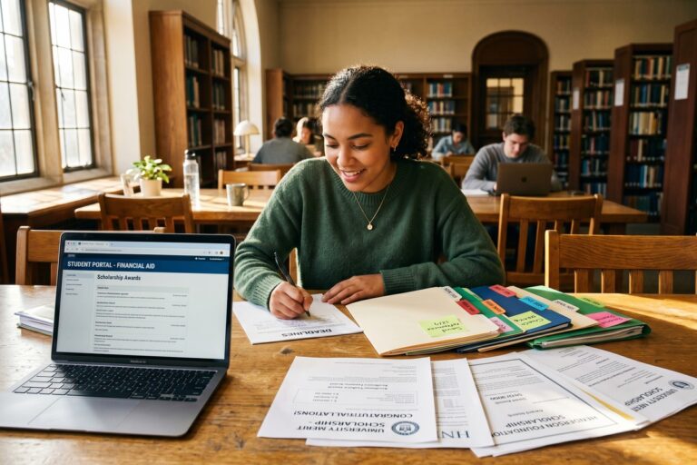 College student reviewing private scholarship applications at a desk with a laptop and financial aid documents