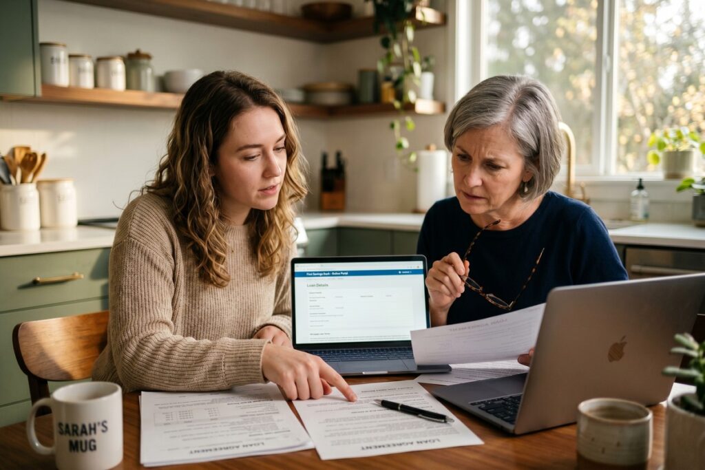 Student and cosigner reviewing private student loan cosigner requirements together at a desk