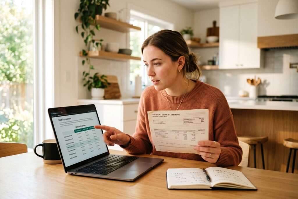 Person reviewing private student loan refinancing options without a college degree on a laptop